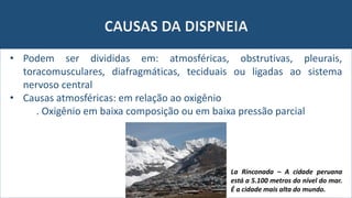 CAUSAS DA DISPNEIA
• Podem ser divididas em: atmosféricas, obstrutivas, pleurais,
toracomusculares, diafragmáticas, teciduais ou ligadas ao sistema
nervoso central
• Causas atmosféricas: em relação ao oxigênio
. Oxigênio em baixa composição ou em baixa pressão parcial
La Rinconada – A cidade peruana
está a 5.100 metros do nível do mar.
É a cidade mais alta do mundo.
 