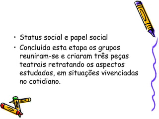 Status social e papel social Concluida esta etapa os grupos reuniram-se e criaram três peças teatrais retratando os aspectos estudados, em situações vivenciadas no cotidiano. 