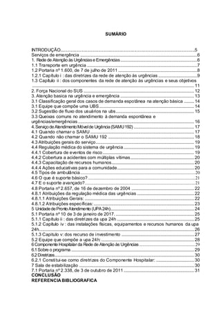 SUMÁRIO
INTRODUÇÃO.............................................................................................................5
Serviços de emergência .........................................................................................................6
1. Rede de Atenção às Urgênciase Emergências.....................................................................6
1.1 Transporte em urgência ...................................................................................................7
1.2 Portaria nº 1.600, de 7 de julho de 2011 .......................................................................8
1.2.1 Capítulo i : das diretrizes da rede de atenção às urgências ...................................9
1.3 Capítulo ii : dos componentes da rede de atenção às urgências e seus objetivos
................................................................................................................................................. 11
2. Força Nacional do SUS ................................................................................................... 12
3. Atenção basica na urgência e emergência .................................................................. 13
3.1 Classificação geral dos casos de demanda espotânea na atenção básica ......... 14
3.1 Equipe que compõe uma UBS..................................................................................... 14
3.2 Sugestão de fluxo dos usuários na ubs...................................................................... 15
3.3 Queixas comuns no atendimento à demanda espontânea e
urgências/emergências........................................................................................................ 16
4.ServiçodeAtendimentoMóvelde Urgência(SAMU192) ...................................................... 17
4.1 Quando chamar o SAMU ............................................................................................. 17
4.2 Quando não chamar o SAMU 192 ............................................................................. 18
4.3 Atribuições gerais do serviço........................................................................................ 19
4.4 Regulação médica do sistema de urgência ............................................................... 19
4.4.1 Cobertura de eventos de risco.................................................................................. 19
4.4.2 Cobertura a acidentes com múltiplas vítimas......................................................... 20
4.4.3 Capacitação de recursos humanos.......................................................................... 20
4.4.4 Ações educativas para a comunidade..................................................................... 20
4.5 Tipos de ambulância.......................................................................................................20
4.6 O que é suporte básico?................................................................................................21
4.7 E o suporte avançado?...................................................................................................21
4.8 Portaria nº 2.657, de 16 de dezembro de 2004 ........................................................ 22
4.8.1 Atribuições da regulação médica das urgências ................................................... 22
4.8.1.1 Atribuições Gerais: .................................................................................................. 22
4.8.1.2 Atribuições específicas:.......................................................................................... 23
5 UnidadedeProntoAtendimento (UPA24h)........................................................................... 24
5.1 Portaria nº 10 de 3 de janeiro de 2017. ...................................................................... 25
5.1.1 Capítulo ii : das diretrizes da upa 24h ..................................................................... 25
5.1.2 Capítulo iv : das instalações físicas, equipamentos e recursos humanos da upa
24h........................................................................................................................................... 26
5.1.3 Capitulo v: dos recurso de investimento ................................................................. 27
5.2 Equipe que compõe a upa 24h: ................................................................................... 28
6Componente Hospitalar da Rede de Atenção às Urgências ..................................................29
6.1Sobre o programa .............................................................................................................. 29
6.2Diretrizes............................................................................................................................. 30
6.2.1 Constitui-se como diretrizes do Componente Hospitalar: .................................. 30
7 Sala de estabilização ....................................................................................................... 30
7.1 Portaria nº 2.338, de 3 de outubro de 2011 ............................................................... 31
CONCLUSÃO
REFERENCIA BIBLIOGRAFICA
 