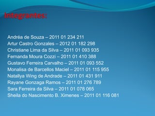 Andréa de Souza – 2011 01 234 211
Artur Castro Gonzales – 2012 01 182 298
Christiane Lima da Silva – 2011 01 093 935
Fernanda Moura Cozzi – 2011 01 410 388
Gustavo Ferreira Carvalho – 2011 01 093 552
Monalisa de Barcellos Maciel – 2011 01 115 955
Natallya Wing de Andrade – 2011 01 431 911
Rayane Gonzaga Ramos – 2011 01 276 789
Sara Ferreira da Silva – 2011 01 078 065
Sheila do Nascimento B. Ximenes – 2011 01 116 081
 