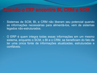 • Sistemas de SCM, BI, e CRM não liberam seu potencial quando
as informações necessárias para alimentá-los, vem de sistemas
legados não-estruturados.
• O ERP é quem integra todas essas informações em um mesmo
sistema, enquanto o SCM, o BI e o CRM, se beneficiam do fato de
ter uma única fonte de informações atualizadas, estruturadas e
confiáveis.
 