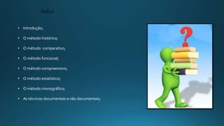 Índice:
• Introdução;
• O método histórico;
• O método comparativo;
• O método funcional;
• O método compreensivo;
• O método estatístico;
• O método monográfico;
• As técnicas documentais e não documentais;
 