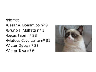 •Nomes 
•Cesar A. Bonamico nº 3 
•Bruno T. Malfatti nº 1 
•Lucas Fabri nº 28 
•Mateus Cavalcante nº 31 
•Victor Dutra nº 33 
•Victor Taya nº 6 
 