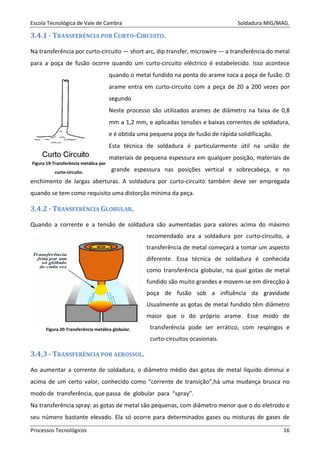 Escola Tecnológica de Vale de Cambra Soldadura MIG/MAG.
Processos Tecnológicos 16
3.4.1 - TRANSFERÊNCIA POR CURTO-CIRCUITO.
Na transferência por curto-circuito — short arc, dip transfer, microwire — a transferência do metal
para a poça de fusão ocorre quando um curto-circuito eléctrico é estabelecido. Isso acontece
quando o metal fundido na ponta do arame toca a poça de fusão. O
arame entra em curto-circuito com a peça de 20 a 200 vezes por
segundo
Neste processo são utilizados arames de diâmetro na faixa de 0,8
mm a 1,2 mm, e aplicadas tensões e baixas correntes de soldadura,
e é obtida uma pequena poça de fusão de rápida solidificação.
Esta técnica de soldadura é particularmente útil na união de
materiais de pequena espessura em qualquer posição, materiais de
grande espessura nas posições vertical e sobrecabeça, e no
enchimento de largas aberturas. A soldadura por curto-circuito também deve ser empregada
quando se tem como requisito uma distorção mínima da peça.
3.4.2 - TRANSFERÊNCIA GLOBULAR.
Quando a corrente e a tensão de soldadura são aumentadas para valores acima do máximo
recomendado ara a soldadura por curto-circuito, a
transferência de metal começará a tomar um aspecto
diferente. Essa técnica de soldadura é conhecida
como transferência globular, na qual gotas de metal
fundido são muito grandes e movem-se em direcção à
poça de fusão sob a influência da gravidade
Usualmente as gotas de metal fundido têm diâmetro
maior que o do próprio arame. Esse modo de
transferência pode ser errático, com respingos e
curto-circuitos ocasionais.
3.4,3 - TRANSFERÊNCIA POR AEROSSOL.
Ao aumentar a corrente de soldadura, o diâmetro médio das gotas de metal líquido diminui e
acima de um certo valor, conhecido como “corrente de transição”,há uma mudança brusca no
modo de transferência, que passa de globular para “spray”.
Na transferência spray: as gotas de metal são pequenas, com diâmetro menor que o do eletrodo e
seu número bastante elevado. Ela só ocorre para determinados gases ou misturas de gases de
Figura 19-Transferência metálica por
curto-circuito.
Figura 20-Transferência metálica globular.
 