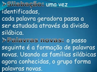 5ª fase: Criação de fichas de palavras para a decomposição das famílias fonéticas correspondentes às palavras geradoras.Com essa e outras teorias pedagógicas de Paulo Freire  podemos olhar o educando de uma forma diferente,afinal:“Ninguém educa ninguém, ninguém educa a si mesmo, os homens se educam entre si, mediatizados pelo mundo.”Paulo Freire