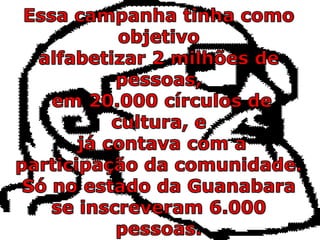 Essa campanha tinha comoobjetivo alfabetizar 2 milhões de pessoas, em 20.000 círculos de cultura, e já contava com a participação da comunidade. Só no estado da Guanabara se inscreveram 6.000 pessoas. 