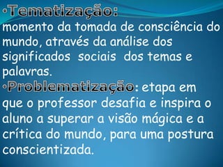 Tematização: momento da tomada de consciência do mundo, através da análise dos significados  sociais  dos temas e palavras.Problematização:etapa em que o professor desafia e inspira o aluno a superar a visão mágica e a crítica do mundo, para uma postura conscientizada.O método:Palavras geradoras: Através de conversas informais, o educador observa os vocábulos mais usados pelos alunos, e assim seleciona as palavras que servirão de base para as lições. Depois, nos  círculos de cultura, inicia-se uma discussão para significá-las na realidade daquela turma.Silabação:uma vez   identificadas,cada palavra geradora passa aser estudada através da divisão silábica. Palavras novas: o passo seguinte é a formação de palavras novas. Usando as famílias silábicas agora conhecidas, o grupo forma palavras novas.A conscientização: um ponto fundamental do método é a discussão sobre os diversos temas surgidos a partir das palavras geradoras. Dessa forma, o objetivo da alfabetização deadultos é promover a conscientização acerca dos problemas cotidianos,a compreensão do mundo e o conhecimento da realidade social.