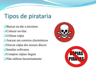 Tipos de pirataria
 Baixar ou dar a terceiros
 Colocar on-line
 Utilizar cópia
 Anexar em correios electrónicos
 Gravar cópia dos nossos discos
 Instalar softwares
 Comprar cópias ilegais
 Não utilizar incorretamente
 
