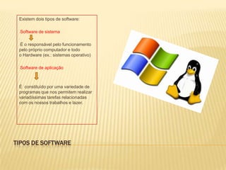 Existem dois tipos de software:
-Software

de sistema

-É

o responsável pelo funcionamento
pelo próprio computador e todo
o Hardware (ex.: sistemas operativo)
-Software

de aplicação

É constituído por uma variedade de
programas que nos permitem realizar
variadíssimas tarefas relacionadas
com os nossos trabalhos e lazer.

TIPOS DE SOFTWARE

 