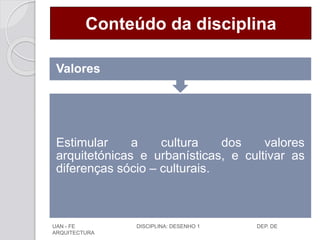 Conteúdo da disciplina
Estimular a cultura dos valores
arquitetónicas e urbanísticas, e cultivar as
diferenças sócio – culturais.
Valores
UAN - FE DISCIPLINA: DESENHO 1 DEP. DE
ARQUITECTURA
 