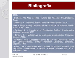 Bibliografia
- Gill, Robert W. – Desenho de Perspectiva. Editorial presença. Lisboa,
2008.
- Barbosa, Ana Mãe e outros – Ensino das Artes nas Universidades,
1993.
- Orlovsky, B. – Desenho Básico. Editora Escola superior? 1970.
- Ferro, Sérgio – Dibujo Arquitectónico e de Ilustracion. Editorial Pueblo
e Educacion, 1985.
- Zaytsev, K. – Literatura de Construção Gráfica Arquitectónica
Moderna. Moscovo 1970.
- Barkhin, B. – Metodologia de projecção arquitectónica. Stroyisda,
Moscovo,1982.
- Parramon, José – Coleccão de Livros do Curso de Desenho e Pintura
por Correspondência. Instituto Parramon Ediciones, Barcelona.
Espanha, 1969.
- Porter, Tom e Greenstreet, Bob – Manual de Técnicas Gráficas para
Arquitectos, Disenadores y Artistas. Editorial Gustavo Gili, S. A.
Barcelona, 1987.
- Kottas, Dimitris - Manual do Arquitecto, 2007
UAN - FE DISCIPLINA: DESENHO 1 DEP. DE
ARQUITECTURA
 