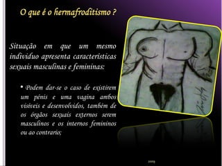 Situação em que um mesmo
individuo apresenta características
sexuais masculinas e femininas:

   • Podem dar-se o caso de existirem
   um pénis e uma vagina ambos
   visíveis e desenvolvidos, também de
   os órgãos sexuais externos serem
   masculinos e os internos femininos
   ou ao contrario;


                                         2009
 