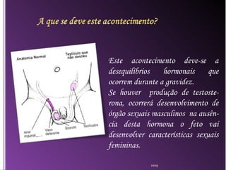 Este acontecimento deve-se a desequilíbrios hormonais que ocorrem durante a gravidez.  Se houver  produção de testoste-rona, ocorrerá desenvolvimento de órgão sexuais masculinos  na ausên-cia desta hormona o feto vai desenvolver características sexuais femininas.  2009 