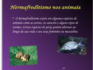 O hermafroditismo existe em algumas espécies de animais como as ostras, os caracóis e alguns tipos de vermes. Certas espécies de peixe podem alternar ao longo da sua vida o seu sexo feminino ou masculino. 2009 