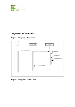 Diagramas de Sequência
Diagrama de Sequência: Abrir Conta
Diagrama de Sequência: Fechar Conta
9
 