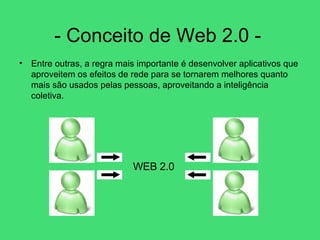 - Conceito de Web 2.0 -  Entre outras, a regra mais importante é desenvolver aplicativos que aproveitem os efeitos de rede para se tornarem melhores quanto mais são usados pelas pessoas, aproveitando a inteligência coletiva.  WEB 2.0 