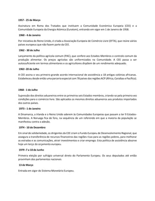 1957 - 25 de Março
Assinatura em Roma dos Tratados que instituem a Comunidade Económica Europeia (CEE) e a
Comunidade Europeia da Energia Atómica (Euratom), entrando em vigor em 1 de Janeiro de 1958.
1960 - 4 de Janeiro
Por iniciativa do Reino Unido, é criada a Associação Europeia de Comércio Livre (EFTA), que reúne vários
países europeus que não fazem parte da CEE.
1962 - 30 de Julho
Lançamento da política agrícola comum (PAC), que confere aos Estados-Membros o controlo comum da
produção alimentar. Os preços agrícolas são uniformizados na Comunidade. A CEE passa a ser
autossuficiente em termos alimentares e os agricultores dispõem de um rendimento adequado.
1963 -20 de Julho
A CEE assina o seu primeiro grande acordo internacional de assistência a 18 antigas colónias africanas.
Estabeleceu desde então uma parceria especial com 78 países das regiões ACP (África, Caraíbas e Pacífico).
1968 - 1 de Julho
Supressão dos direitos aduaneiros entre os primeiros seis Estados-membros, criando-se pela primeira vez
condições para o comércio livre. São aplicados os mesmos direitos aduaneiros aos produtos importados
dos outros países.
1973 - 1 de Janeiro
A Dinamarca, a Irlanda e o Reino Unido aderem às Comunidades Europeias que passam a ter 9 Estados-
Membros. A Noruega fica de fora, na sequência de um referendo em que a maioria da população se
manifestou contra a adesão.
1974 - 10 de Dezembro
Em sinal de solidariedade, os dirigentes da CEE criam o Fundo Europeu de Desenvolvimento Regional, que
assegura a transferência de recursos financeiros das regiões ricas para as regiões pobres, para melhorar
as estradas e as comunicações, atrair investimentos e criar emprego. Esta política de assistência absorve
hoje um terço do orçamento europeu.
1979 -7 a 10 de Junho
Primeira eleição por sufrágio universal direto do Parlamento Europeu. Os seus deputados até então
provinham dos parlamentos nacionais
13 de Março
Entrada em vigor do Sistema Monetário Europeu.
 