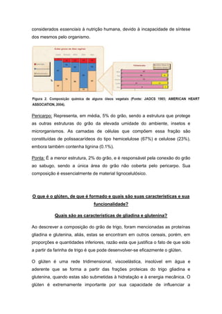 considerados essenciais à nutrição humana, devido à incapacidade de síntese
dos mesmos pelo organismo.




Pericarpo: Representa, em média, 5% do grão, sendo a estrutura que protege
as outras estruturas do grão da elevada umidade do ambiente, insetos e
microrganismos. As camadas de células que compõem essa fração são
constituídas de polissacarídeos do tipo hemicelulose (67%) e celulose (23%),
embora também contenha lignina (0.1%).

Ponta: É a menor estrutura, 2% do grão, e é responsável pela conexão do grão
ao sabugo, sendo a única área do grão não coberta pelo pericarpo. Sua
composição é essencialmente de material lignocelulósico.




O que é o glúten, de que é formado e quais são suas características e sua
                               funcionalidade?

           Quais são as características de gliadina e glutenina?

Ao descrever a composição do grão de trigo, foram mencionadas as proteínas
gliadina e glutenina, aliás, estas se encontram em outros cereais, porém, em
proporções e quantidades inferiores, razão esta que justifica o fato de que solo
a partir da farinha de trigo é que pode desenvolver-se eficazmente o glúten.

O glúten é uma rede tridimensional, viscoelástica, insolúvel em água e
aderente que se forma a partir das frações proteicas do trigo gliadina e
glutenina, quando estas são submetidas à hidratação e à energia mecânica. O
glúten é extremamente importante por sua capacidade de influenciar a
 