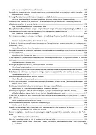 dayb m o dos santos, Maria Helena da R Besnosik .................................................................................................................. 1736

Competências para o ensino das ciências nos primeiros anos de escolaridade: proposta de um quadro orientador. .. 1748
Patrícia Sá, Fátima Paixão () ..................................................................................................................................................... 1748

A monografia no Veredas: construindo sentidos para a produção de textos ................................................................ 1761
Mônica da Motta Salles Barreto Henriques; Nubia Shaper Santos; Ilka Shapper; Maritza Dessupoio de Abreu ......................... 1761

Trabalho docente e formação de professores: Um olhar sobre a formação, identidade e trabalho de professoras
alfabetizadoras de feira de santana – bahia.................................................................................................................. 1774
Aline Daiane Nunes Mascarenhas, Amali de Angelis Mussi....................................................................................................... 1774

Educação Matemática: como esse campo é compreendido em relação à natureza, campo de atuação, realidade de seus
objetos epistemológicos e procedimentos metodológicos por pesquisadores e professores” ...................................... 1787
Celia Finck Brandt, Silvia Cirsitna Madrid Finck ......................................................................................................................... 1787

Contribuições do estágio em educação infantil para a formação de professores na visão de estudantes de pedagogia
...................................................................................................................................................................................... 1802
Rosimeire Costa de Andrade Cruz, Sinara Almeida da Costa .................................................................................................... 1802

O Modelo de Conhecimentos de Professores proposto por Pamela Grossman: seus componentes e as implicações para
o ensino de Química ..................................................................................................................................................... 1815
Robson Macedo Novais e Carmen Fernandez........................................................................................................................... 1815

Formação continuada de professores das classes multisseriadas e as políticas educacionais de regulação: para além da
racionalidade técnica .................................................................................................................................................... 1828
Eliete Soares Mota, Terciana Vidal Moura ................................................................................................................................. 1828

O (des)preparo do(a)professor(a) na presença dos(as) estudantes com deficiência: os significados/sentidos da formação
continuada..................................................................................................................................................................... 1840
Walquíria Silva Lúcio, Margareth Diniz ..................................................................................................................................... 1840

A formação de professores: teoria e prática da realidade amazônica ........................................................................... 1850
Maria Aldecy Rodrigues de Lima ............................................................................................................................................... 1850

Por uma Pedagogia aprendida com as crianças: Diálogos entre pesquisas e narrativas sobre/na cidade educativa .. 1863
Trabalho docente e formação de professores de língua materna: os (des)caminhos pelos labirintos da escrita.......... 1875
Obdália Santana Ferraz Silva .................................................................................................................................................... 1875

Formar leitores no espaço escolar: desafios docentes ................................................................................................. 1888
Rita de Cássia Brêda Mascarenhas Lima .................................................................................................................................. 1888

A tutoria como um processo formativo/colaborativo de professores em contexto escolar: Da intervenção à reflexão. 1896
Manuela Ventura Santos ........................................................................................................................................................... 1896

Didática, currículo e trabalho docente: aproximações, diferenças e especificidades. ................................................... 1907
Lenilda Rêgo A. de Faria, Alderlândia da Silva Maciel, Tânia Mara R. Machado ...................................................................... 1907

Contribuições da pesquisa crítica de colaboração para as pesquisas sobre formação e trabalho docente .................. 1917
Elvira Maria Godinho Aranha, Virgínia Campos Machado, Wanda Maria Junqueira Aguiar ................................................. 1917

O que dizem as publicações sobre o PIBID no Encontro Nacional de Didática e Práticas de Ensino (ENDIPE) – período
2008 a 2012? ................................................................................................................................................................ 1930
Camila Itikawa Gimenesi, Selma Garrido Pimentaii ................................................................................................................... 1930

Narrativas de professores rurais: trajetórias e fazer pedagógico .................................................................................. 1943
Natalina Assis de Carvalho ........................................................................................................................................................ 1943

Importância da abordagem sobre tráfico de animais silvestres na prática dos professores de ciências ....................... 1953
Daiana Kelli Bispo do Prado Silva, Josilene Silva da Costa ....................................................................................................... 1953

Saberes pedagógicos e atuação docente: as avaliações dos professores primários das escolas isoladas em São PauloBrasil ............................................................................................................................................................................. 1965
Angélica Pall Oriani, Ana Clara Bortoleto Nery .......................................................................................................................... 1965

Além das montanhas: história de vida da professora maria teresa freitas .................................................................... 1972
Maria Leopoldina Pereira, Carolina Caniato Portes, Cristiano José Rodrigues, Eduardo Malvacini, Inês A. Castro Teixeira, Sérgio
A. Leal Medeiros........................................................................................................................................................................ 1972

 