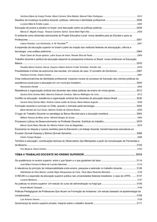 Verônica Maria de Araújo Pontes, Maria Carmem Silva Batista, Manoel Fábio Rodrigues ......................................................... 2913

Desafios da mudança na prática docente: políticas, reformas e identidade profissional .............................................. 2926
Luciana Matiz & Amélia Lopes ................................................................................................................................................... 2926

Educação de jovens e adultos no brasil: uma discussão sobre as políticas públicas ................................................... 2938
Marcia E. Migotto Araujo, Rosane Carneiro Sarturi, Sonia Marli Righi Aita ............................................................................... 2938

O ambiente como dimensão estruturante do Projeto Educativo Local: novos desafios para as Escolas e para os
Professores ................................................................................................................................................................... 2951
Liliana Paredes, Luís Alcoforado, A. M. Rochette180 ................................................................................................................... 2951

A expansão da educação superior no brasil a partir da criação dos institutos federais de educaçação, ciência e
tecnologia: uma análise preliminar ................................................................................................................................ 2964
Paulo César de Souza Ignácio, Lahis Souza de Assis, Renata Silva de Paula ......................................................................... 2964

Trabalho docente e política de educação especial na perspectiva inclusiva no Brasil: novas dinâmicas na Educação
Básica ........................................................................................................................................................................... 2976
Rosalba Maria Cardoso Garcia, Dayana Valéria Antonio Foster Schreiber, Kamille Vaz............................................................ 2976

Possibilidade e limites da autonomia das escolas. Um estudo de caso: O concelho de Gondomar ............................. 2987
Filomena Correia, Ariana Cosme ............................................................................................................................................... 2987

Crise institucional/crise de identidade profissional: impactos iniciais do processo de transição das creches públicas da
assistência social para a educação em um município brasileiro ................................................................................... 3000
Alexsandra Zanetti, ................................................................................................................................................................... 3000

Resistência e organização sindical dos docentes das redes públicas de ensino de minas gerais ................................ 3012
Savana Diniz Gomes Melo, Maurício Estevam Cardoso, Marcos Wellington de Lima ................................................................ 3012

Conflito na educação: resistência e organização sindical dos docentes da educação básica Brasil ............................ 3036
Savana Diniz Gomes Melo, Antônio Lisboa Leitão de Souza, Maria Helena Augusto ................................................................ 3036

Formação docente e currículo no Chile: quando o mercado pede tecnologia............................................................... 3055
Maria Renata da Cruz Duran, Belmira Amélia de Oliveira Bueno............................................................................................... 3055

O lugar do Trabalho Docente na estratégia do Banco Mundial para a educação brasileira .......................................... 3064
William Pessoa da Mota Júnior, Michele Borges de Souza ........................................................................................................ 3064

Processos Lúdicos de Desenvolvimento na Profissão Docente: Subtítulo do trabalho ................................................. 3076
Márcia Souto Maior Mourão Sá, Marina Falcão Lima de Magalhães.......................................................................................... 3076

Escenarios en disputa y nuevos sentidos para la Educación y el trabajo docente: transformaciones educativas en
Ecuador (Sumak Kawsay) y Bolivia (Sumak Qamaña) ................................................................................................. 3088
Carlos Crespo Burgos ............................................................................................................................................................... 3088

Território e educação: contribuições teóricas do Observatório das Metrópoles a partir da conceituação de Fernandes e
de Bezerra..................................................................................................................................................................... 3100
Ciro Bezerra, Denis Avelino ....................................................................................................................................................... 3100

TEMA 4 TRABALHO DOCENTE NO ENSINO SUPERIOR ...................................................................... 3113
Os académicos no ensino superior: entre o que fazem e o que gostariam de fazer ..................................................... 3114
José Brites Ferreira & Maria de Lourdes Machado .................................................................................................................... 3114

A relevância do princípio da indissociabilidade entre ensino, pesquisa e extensão no trabalho docente ..................... 3126
Alderlândia da Silva Maciel, Lenilda Rêgo Albuquerque de Faria, Tânia Mara Rezende Machado ............................................ 3126

O REUNI e a expansão da educação superior pública nas universidades federais brasileiras: o caso da UFPA. ....... 3137
Luciene Medeiros ...................................................................................................................................................................... 3137

As práticas no ensino superior: Um estudo do curso de administração na fcap/upe .................................................... 3149
Arandi Maciel Campelo .............................................................................................................................................................. 3149

Práticas Pedagógicas de Professores Que Atuam na Formação de Aviadores: Um estudo baseado na epistemologia da
complexidade. ............................................................................................................................................................... 3158
Luis Antonio Verona .................................................................................................................................................................. 3158

Governança do ensino superior privado: impacto sobre o trabalho docente ................................................................ 3171

 