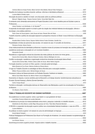 Verônica Maria de Araújo Pontes, Maria Carmem Silva Batista, Manoel Fábio Rodrigues ......................................................... 4297

Desafios da mudança na prática docente: políticas, reformas e identidade profissional .............................................. 4310
Luciana Matiz & Amélia Lopes ................................................................................................................................................... 4310

Educação de jovens e adultos no brasil: uma discussão sobre as políticas públicas ................................................... 4322
Marcia E. Migotto Araujo, Rosane Carneiro Sarturi, Sonia Marli Righi Aita ............................................................................... 4322

O ambiente como dimensão estruturante do Projeto Educativo Local: novos desafios para as Escolas e para os
Professores ................................................................................................................................................................... 4335
Liliana Paredes, Luís Alcoforado, A. M. Rochette180 ................................................................................................................... 4335

A expansão da educação superior no brasil a partir da criação dos institutos federais de educaçação, ciência e
tecnologia: uma análise preliminar ................................................................................................................................ 4348
Paulo César de Souza Ignácio, Lahis Souza de Assis, Renata Silva de Paula ......................................................................... 4348

Trabalho docente e política de educação especial na perspectiva inclusiva no Brasil: novas dinâmicas na Educação
Básica ........................................................................................................................................................................... 4360
Rosalba Maria Cardoso Garcia, Dayana Valéria Antonio Foster Schreiber, Kamille Vaz............................................................ 4360

Possibilidade e limites da autonomia das escolas. Um estudo de caso: O concelho de Gondomar ............................. 4371
Filomena Correia, Ariana Cosme ............................................................................................................................................... 4371

Crise institucional/crise de identidade profissional: impactos iniciais do processo de transição das creches públicas da
assistência social para a educação em um município brasileiro ................................................................................... 4384
Alexsandra Zanetti, ................................................................................................................................................................... 4384

Resistência e organização sindical dos docentes das redes públicas de ensino de minas gerais ................................ 4396
Savana Diniz Gomes Melo, Maurício Estevam Cardoso, Marcos Wellington de Lima ................................................................ 4396

Conflito na educação: resistência e organização sindical dos docentes da educação básica Brasil ............................ 4420
Savana Diniz Gomes Melo, Antônio Lisboa Leitão de Souza, Maria Helena Augusto ................................................................ 4420

Formação docente e currículo no Chile: quando o mercado pede tecnologia............................................................... 4439
Maria Renata da Cruz Duran, Belmira Amélia de Oliveira Bueno............................................................................................... 4439

O lugar do Trabalho Docente na estratégia do Banco Mundial para a educação brasileira .......................................... 4448
William Pessoa da Mota Júnior, Michele Borges de Souza ........................................................................................................ 4448

Processos Lúdicos de Desenvolvimento na Profissão Docente: Subtítulo do trabalho ................................................. 4460
Márcia Souto Maior Mourão Sá, Marina Falcão Lima de Magalhães.......................................................................................... 4460

Escenarios en disputa y nuevos sentidos para la Educación y el trabajo docente: transformaciones educativas en
Ecuador (Sumak Kawsay) y Bolivia (Sumak Qamaña) ................................................................................................. 4472
Carlos Crespo Burgos ............................................................................................................................................................... 4472

Território e educação: contribuições teóricas do Observatório das Metrópoles a partir da conceituação de Fernandes e
de Bezerra..................................................................................................................................................................... 4484
Ciro Bezerra, Denis Avelino ....................................................................................................................................................... 4484

TEMA 4 TRABALHO DOCENTE NO ENSINO SUPERIOR ...................................................................... 4497
Os académicos no ensino superior: entre o que fazem e o que gostariam de fazer ..................................................... 4498
José Brites Ferreira & Maria de Lourdes Machado .................................................................................................................... 4498

A relevância do princípio da indissociabilidade entre ensino, pesquisa e extensão no trabalho docente ..................... 4510
Alderlândia da Silva Maciel, Lenilda Rêgo Albuquerque de Faria, Tânia Mara Rezende Machado ............................................ 4510

O REUNI e a expansão da educação superior pública nas universidades federais brasileiras: o caso da UFPA. ....... 4521
Luciene Medeiros ...................................................................................................................................................................... 4521

As práticas no ensino superior: Um estudo do curso de administração na fcap/upe .................................................... 4533
Arandi Maciel Campelo .............................................................................................................................................................. 4533

Práticas Pedagógicas de Professores Que Atuam na Formação de Aviadores: Um estudo baseado na epistemologia da
complexidade. ............................................................................................................................................................... 4542
Luis Antonio Verona .................................................................................................................................................................. 4542

Governança do ensino superior privado: impacto sobre o trabalho docente ................................................................ 4555

 