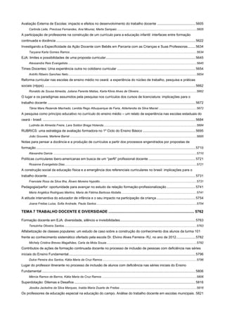 Avaliação Externa de Escolas: impacto e efeitos no desenvolvimento do trabalho docente ........................................ 5605
Carlinda Leite, Preciosa Fernandes, Ana Mouraz, Marta Sampaio ............................................................................................ 5605

A participação de professores na construção de um currículo para a educação infantil: interfaces entre formação
continuada e docência .................................................................................................................................................. 5622
Investigando a Especificidade da Ação Docente com Bebês em Parceria com as Crianças e Suas Professoras........ 5634
Tacyana Karla Gomes Ramos ................................................................................................................................................... 5634

EJA: limites e possibilidades de uma proposta curricular.............................................................................................. 5645
Alessandra Reis Evangelista ..................................................................................................................................................... 5645

Times Docentes: Uma experiência outra no cotidiano curricular .................................................................................. 5654
Antrifo Ribeiro Sanches Neto..................................................................................................................................................... 5654

Reforma curricular nas escolas de ensino médio no ceará: a experiência do núcleo de trabalho, pesquisa e práticas
sociais (ntpps). .............................................................................................................................................................. 5662
Ronaldo de Sousa Almeida, Juliana Parente Matias, Karla Kilvia Alves de Oliveira ................................................................... 5662

O lugar e os paradigmas assumidos pela pesquisa nos currículos dos cursos de licenciatura: implicações para o
trabalho docente ........................................................................................................................................................... 5672
Tânia Mara Rezende Machado, Lenilda Rego Albuquerque de Faria, Alderlandia da Silva Maciel ............................................ 5672

A pesquisa como princípio educativo no currículo do ensino médio – um relato de experiência nas escolas estaduais do
ceará - brasil. ................................................................................................................................................................ 5684
Ludmila de Almeida Freire, Lara Soldon Braga Holanda ............................................................................................................ 5684

RUBRICS: uma estratégia de avaliação formadora no 1º Ciclo do Ensino Básico ....................................................... 5695
João Gouveia, Marlene Barral ................................................................................................................................................... 5695

Notas para pensar a docência e a produção de currículos a partir dos processos engendrados por propostas de
formação ....................................................................................................................................................................... 5710
Alexandra Garcia ...................................................................................................................................................................... 5710

Políticas curriculares ibero-americanas em busca de um “perfil” profissional docente ................................................. 5721
Rosanne Evangelista Dias ......................................................................................................................................................... 5721

A construção social da educação física e a emergência dos referenciais curriculares no brasil: implicações para o
trabalho docente ........................................................................................................................................................... 5731
Franciele Roos da Silva Ilha, Álvaro Moreira Hypolito ................................................................................................................ 5731

Pedagogia/parfor: oportunidade para avançar no estudo da relação formação-profissionalização .............................. 5741
Maria Angélica Rodrigues Martins, Maria de Fátima Barbosa Abdalla ....................................................................................... 5741

A atitude interventiva do educador de infância e o seu impacto na participação da criança ......................................... 5754
Joana Freitas Luísa, Sofia Andrade, Paula Santos .................................................................................................................... 5754

TEMA 7 TRABALHO DOCENTE E DIVERSIDADE .................................................................................. 5762
Formação docente em EJA: diversidade, silêncio e invisibilidades ............................................................................... 5763
Terezinha Oliveira Santos.......................................................................................................................................................... 5763

Alfabetização de classes populares: um estudo de caso sobre a construção do conhecimento dos alunos da turma 101
frente ao conhecimento sistemático ofertado pela escola Dr. Elvino Alves Ferreira- RJ, no ano de 2012. ................... 5782
Michely Cristina Breves Magalhães, Carla da Mota Souza ........................................................................................................ 5782

Contributos de ações de formação continuada docente no processo de inclusão de pessoas com deficiência nas séries
iniciais do Ensino Fundamental ..................................................................................................................................... 5796
Dulce Pereira dos Santos, Kátia Maria da Cruz Ramos ............................................................................................................. 5796

Lugar do professor itinerante no processo de inclusão de alunos com deficiência nas séries iniciais do Ensino
Fundamental ................................................................................................................................................................. 5806
Mércia Ramos de Barros, Kátia Maria da Cruz Ramos .............................................................................................................. 5806

Superdotação: Dilemas e Desafios ............................................................................................................................... 5816
Jéssika Jackeline da Silva Marques, Inalda Maria Duarte de Freitas ......................................................................................... 5816

Os professores de educação especial na educação do campo. Análise do trabalho docente em escolas municipais . 5821

 