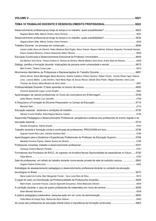 VOLUME V .................................................................................................................................................. 6621
TEMA 10 TRABALHO DOCENTE E DESENVOLVIMENTO PROFISSIONAL ......................................... 6622
Desenvolvimento profissional ao longo do tempo e no trabalho: quais possibilidades? ............................................... 6623
Regiana Blank Wille, Márcia Ondina Vieira Ferreira................................................................................................................... 6623

Desenvolvimento profissional ao longo do tempo e no trabalho: quais possibilidades? ............................................... 6634
Regiana Blank Wille, Márcia Ondina Vieira Ferreira................................................................................................................... 6634

Trabalho Docente: um processo em construção ........................................................................................................... 6646
Josiani Julião Alves de Oliveira; Helen Barbosa Raiz Engler; Nanci Soares; Nayara Hakime; Adriana Giaqueto; Fernanda Sarreta;
Eliana Canteiro Bolorino; Cirlene Aparecida Hilário Oliveira ...................................................................................................... 6646

Educação Continuada e Desenvolvimento Emocional do Professor Universitário ........................................................ 6659
Ilza Martins Sant Anna; Teresa Cristina G. Pereira da Silveira; Marília Martins Sant Anna; Andre Stein da Silveira ................... 6659

Diálogo, partilha e formação docente: implicações da parceria entre universidade e escola ....................................... 6673
Mari Fortser, Tatiane Costa Leite............................................................................................................................................... 6673

Movimentos Identitários de Professores e Representações do Trabalho Docente ....................................................... 6681
Selma Afonsi; Sylvia Bachiegga; Marly Benachio; Gabriel Catellani; Eliane Cipriano; Rafael Conde; Camila Olivieri Igari; Helena
Lima; Laercio Matos; Luzia Orsolon; Vera Maria Nigro de Souza Placco; Gilsete Silva Prado; Magali Silvestre; Vera Lucia
Trevisan de Souza; Marili Moreira da Silva Vieira ...................................................................................................................... 6681

Profissionalidade Docente: O fazer aprender no ensino da música .............................................................................. 6693
Vivianne Aparecida Lopes, Luísa Orvalho ................................................................................................................................. 6693

Aprendizagem de valores profissionais no Curso de Licenciatura em Enfermagem ..................................................... 6706
Isilda Ribeiro, António Luís Carvalho ......................................................................................................................................... 6706

A Pesquisa e a Formação do Docente Pesquisador no Campo da Educação.............................................................. 6719
Messias Dieb ............................................................................................................................................................................. 6719

Educação especial: docência e condições de trabalho ................................................................................................ 6730
Adriana Cunha Padilha, Katia Regina Moreno Caiado ............................................................................................................... 6730

Supervisão Pedagógica e Desenvolvimento Profissional: perspetivas e práticas dos professores de ensino regular e de
educação especial ........................................................................................................................................................ 6743
Daniela Gonçalves, Fátima Duarte ............................................................................................................................................ 6743

Trabalho docente e formação inicial e continuada de professores: PROJOVEM em foco ............................................ 6756
Augusto Cesar Rios Leiro, Daniela Santana Reis ...................................................................................................................... 6756

Aprendizagem para a Docência e Experiências Profissionais do Professor da Educação Superior ............................. 6768
Marielda Ferreira Pryjma, Oséias Santos de Oliveira ................................................................................................................. 6768

Professores iniciantes: trabalho e desenvolvimento profissional .................................................................................. 6781
Vanessa Cristina Maximo Portella ............................................................................................................................................. 6781

Formadores dos Processos de RVCC, do ingresso na Iniciativa Novas Oportunidades às expectativas no futuro ...... 6792
Filipa Barros .............................................................................................................................................................................. 6792

Sala de professores: um retrato do trabalho docente numa escola privada de rede do subúrbio carioca .................... 6802
Angela Cristina Fortes Iório ....................................................................................................................................................... 6802

Estratégias de assessoramento pedagógico e desenvolvimento profissional docente no contexto da educação
tecnológica no Brasil. .................................................................................................................................................... 6815
Maria Isabel da Cunha, Mari Margarete Forster , Vera Lucia Reis da Silva ................................................................................ 6815

O papel do outro na Constituição da Profissionalidade de ProfessorAs Iniciantes ....................................................... 6826
Marli André, Laurizete Passos, Llaucia Signorelli Gonçalves, Sílvia Matsuoka Oliveira ............................................................. 6826

A condição docente: o caso de quatro professores de matemática em início de carreira ............................................. 6838
Adair Mendes Nacarato ............................................................................................................................................................. 6838

A prática pedagógica colaborativa: pesquisa-ação em um curso de administração ..................................................... 6850
Sofia Maria de Araujo Ruiz, Raimunda Abou Gebran ................................................................................................................ 6850

As vozes das professoras de educação infantil sobre a importância da formação continuada ..................................... 6863

 