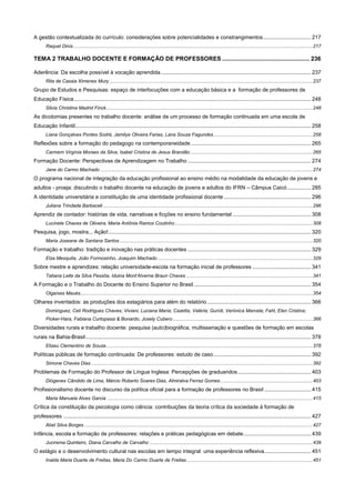 A gestão contextualizada do currículo: considerações sobre potencialidades e constrangimentos ................................ 217
Raquel Dinis ................................................................................................................................................................................ 217

TEMA 2 TRABALHO DOCENTE E FORMAÇÃO DE PROFESSORES ..................................................... 236
Aderência: Da escolha possível à vocação aprendida .................................................................................................... 237
Rita de Cassia Ximenes Mury ...................................................................................................................................................... 237

Grupo de Estudos e Pesquisas: espaço de interlocuções com a educação básica e a formação de professores de
Educação Física .............................................................................................................................................................. 248
Silvia Christina Madrid Finck........................................................................................................................................................ 248

As dicotomias presentes no trabalho docente: análise de um processo de formação continuada em uma escola de
Educação Infantil ............................................................................................................................................................. 258
Liana Gonçalves Pontes Sodré, Jamilye Oliveira Farias, Lana Souza Fagundes ......................................................................... 258

Reflexões sobre a formação do pedagogo na contemporaneidade ................................................................................ 265
Carmem Virgínia Moraes da Silva, Isabel Cristina de Jesus Brandão .......................................................................................... 265

Formação Docente: Perspectivas de Aprendizagem no Trabalho .................................................................................. 274
Jane do Carmo Machado ............................................................................................................................................................ 274

O programa nacional de integração da educação profissional ao ensino médio na modalidade da educação de jovens e
adultos - proeja: discutindo o trabalho docente na educação de jovens e adultos do IFRN – Câmpus Caicó ................ 285
A identidade universitária e constituição de uma identidade profissional docente .......................................................... 296
Juliana Trindade Barbaceli .......................................................................................................................................................... 296

Aprendiz de contador: histórias de vida, narrativas e ficções no ensino fundamental .................................................... 308
Lucinete Chaves de Oliveira, Maria Antônia Ramos Coutinho ..................................................................................................... 308

Pesquisa, jogo, mostra... Ação! ....................................................................................................................................... 320
Maria Joseane de Santana Santos .............................................................................................................................................. 320

Formação e trabalho: tradição e inovação nas práticas docentes .................................................................................. 329
Elza Mesquita, João Formosinho, Joaquim Machado .................................................................................................................. 329

Sobre mestre e aprendizes: relação universidade-escola na formação inicial de professores ....................................... 341
Tatiana Leite da Silva Pessôa, Iduina Mont’Alverne Braun Chaves ............................................................................................. 341

A Formação e o Trabalho do Docente do Ensino Superior no Brasil .............................................................................. 354
Olgaíses Maués........................................................................................................................................................................... 354

Olhares inventados: as produções dos estagiários para além do relatório ..................................................................... 366
Dominguez, Celi Rodrigues Chaves; Viviani, Luciana Maria; Cazetta, Valéria; Gurídi, Verónica Marcela; Faht, Elen Cristina;
Pioker-Hara, Fabiana Curtopassi & Bonardo, Josely Cubero ....................................................................................................... 366

Diversidades rurais e trabalho docente: pesquisa (auto)biográfica, multisseriação e questões de formação em escolas
rurais na Bahia-Brasil ...................................................................................................................................................... 378
Elizeu Clementino de Souza ........................................................................................................................................................ 378

Políticas públicas de formação continuada: De professores: estudo de caso ................................................................. 392
Simone Chaves Dias ................................................................................................................................................................... 392

Problemas de Formação do Professor de Língua Inglesa: Percepções de graduandos ................................................. 403
Diógenes Cândido de Lima, Márcio Roberto Soares Dias, Almiralva Ferraz Gomes .................................................................... 403

Profissionalismo docente no discurso da política oficial para a formação de professores no Brasil ............................... 415
Maria Manuela Alves Garcia ....................................................................................................................................................... 415

Crítica da constituição da psicologia como ciência: contribuições da teoria crítica da sociedade à formação de
professores ..................................................................................................................................................................... 427
Abel Silva Borges ........................................................................................................................................................................ 427

Infância, escola e formação de professores: relações e práticas pedagógicas em debate ............................................. 439
Jucirema Quinteiro, Diana Carvalho de Carvalho ........................................................................................................................ 439

O estágio e o desenvolvimento cultural nas escolas em tempo integral: uma experiência reflexiva ............................... 451
Inalda Maria Duarte de Freitas, Maria Do Carmo Duarte de Freitas ............................................................................................. 451

 