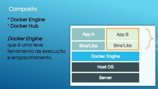 Composto:
* Docker Engine
* Docker Hub
Docker Engine
que é uma leve
ferramenta de execução
e empacotamento.
 