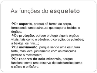 As funções do esqueleto
De suporte, porque dá forma ao corpo,
fornecendo uma estrutura que suporta tecidos e
órgãos;
De proteção, porque protege alguns órgãos
vitais, tais como o cérebro, o coração, os pulmões,
a bexiga, os rins…;
De movimento, porque sendo uma estrutura
forte, mas leve, juntamente com os músculos
permite o movimento;
De reserva de sais minerais , porque
funciona como uma reserva de substancias como
o cálcio e o fósforo.
 