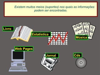 Existem muitos meios (suportes) nos quais as informações podem ser encontradas. Livro Web Pages Estatística Música Cds Jornal 