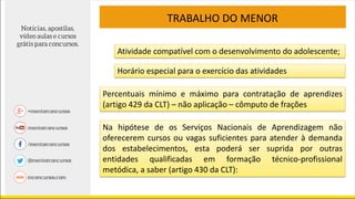 TRABALHO DO MENOR
Atividade compatível com o desenvolvimento do adolescente;
Horário especial para o exercício das atividades
Percentuais mínimo e máximo para contratação de aprendizes
(artigo 429 da CLT) – não aplicação – cômputo de frações
Na hipótese de os Serviços Nacionais de Aprendizagem não
oferecerem cursos ou vagas suficientes para atender à demanda
dos estabelecimentos, esta poderá ser suprida por outras
entidades qualificadas em formação técnico-profissional
metódica, a saber (artigo 430 da CLT):
 