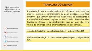 TRABALHO DO MENOR
A contratação do aprendiz poderá ser efetivada pela empresa
onde se realizará a aprendizagem ou pelas entidades sem fins
lucrativos, que tenham por objetivo a assistência ao adolescente e
à educação profissional, registradas no Conselho Municipal dos
Direitos da Criança e do Adolescente, caso em que não gera
vínculo de emprego com a empresa tomadora dos serviços.
Jornada de trabalho – ressalva (condições) – artigo 432 da CLT
Hipóteses de extinção do contrato de aprendizagem (artigo 433 da
CLT)
 