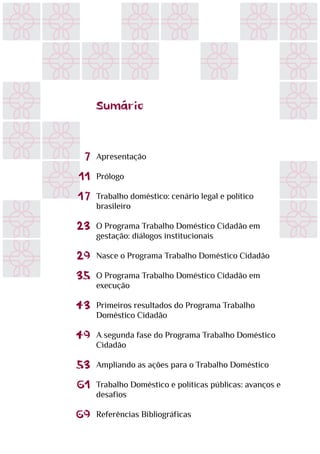 Apresentação
Prólogo
Trabalho doméstico: cenário legal e político
brasileiro
O Programa Trabalho Doméstico Cidadão em
gestação: diálogos institucionais
Nasce o Programa Trabalho Doméstico Cidadão
O Programa Trabalho Doméstico Cidadão em
execução
Primeiros resultados do Programa Trabalho
Doméstico Cidadão
A segunda fase do Programa Trabalho Doméstico
Cidadão
Ampliando as ações para o Trabalho Doméstico
Trabalho Doméstico e políticas públicas: avanços e
desafios
Referências Bibliográficas
7
11
17
23
29
35
43
49
53
61
69
Sumário
 