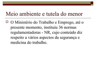 Meio ambiente e tutela do menor
 O Ministério do Trabalho e Emprego, até o
presente momento, instituiu 36 normas
regulamentadoras - NR, cujo conteúdo diz
respeito a vários aspectos da segurança e
medicina do trabalho.
 