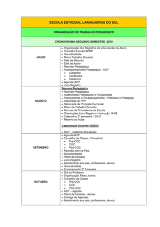 ESCOLA ESTADUAL LARANJEIRAS DO SUL
ORGANIZAÇÃO DO TRABALHO PEDAGÓGICO
CRONOGRAMA SEGUNDO SEMESTRE -2010
JULHO
• Organização dos Registros da vida escolar do Aluno
• Conselho Escolar/APMF
• Hora Atividade
• Plano Trabalho Docente
• Sala de Recurso
• Sala de Apoio
• Reunião Pedagógica
• Acompanhamento Pedagógico - ACP



 Caligrafia



 Contéudos



 Cadernos
• Agenda/ ACP
• Livro Registro
AGOSTO
Semana Pedagógica
• Reunião Pedagógica
• Acolhimento Professores e Funcionários
• Planejamento e (Re)planejamento - Professor e Pedagogo
• Retomada do PPP
• Retomada da Proposta Curricular
• Plano de Trabalho Docente
• Normas de Convivência da Escola
• Orientações Livro Registro – Instrução 14/08
• Calendário 2º semestre – 2010
• Retorno as Aulas
Capacitação Docente (SEED)
• ACP – Caderno dos alunos
SETEMBRO
• Agenda/ACP
• Conselho de Classe - Trimestral



 Pré-COC



 COC



 Pós-COC
• Reunião com os Pais
• Documentação
• Plano de Estudos
• Livro Registro
• Atendimento aos pais, professores, alunos
• Hora atividade
• Encerramento 2º Trimestre
OUTUBRO
• Dia do Professor
• Organização Festa Junina
• Conselho de Classe



 Pré-COC



 COC



 Pós-COC
• ACP – Agenda
• Plano de Estudos - alunos
• Entrega de Agendas
• Atendimento aos pais, professores, alunos
 