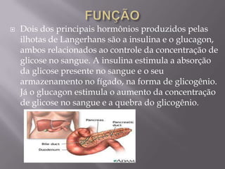    Dois dos principais hormônios produzidos pelas
    ilhotas de Langerhans são a insulina e o glucagon,
    ambos relacionados ao controle da concentração de
    glicose no sangue. A insulina estimula a absorção
    da glicose presente no sangue e o seu
    armazenamento no fígado, na forma de glicogênio.
    Já o glucagon estimula o aumento da concentração
    de glicose no sangue e a quebra do glicogênio.
 