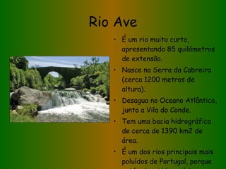 Rio Ave É um rio muito curto, apresentando 85 quilómetros de extensão. Nasce na Serra da Cabreira (cerca 1200 metros de altura). Desagua no Oceano Atlântico, junto a Vila do Conde. Tem uma bacia hidrográfica de cerca de 1390 km2 de área. É um dos rios principais mais poluídos de Portugal, porque está submetido a várias descargas industriais. 