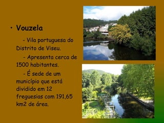 Vouzela - Vila portuguesa do Distrito de Viseu. - Apresenta cerca de 1500 habitantes. - É sede de um município que está dividido em 12 freguesias com 191,65 km2 de área. 