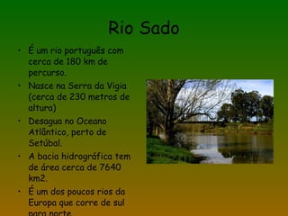 Rio Sado É um rio português com cerca de 180 km de percurso. Nasce na Serra da Vigia (cerca de 230 metros de altura) Desagua no Oceano Atlântico, perto de Setúbal. A bacia hidrográfica tem de área cerca de 7640 km2. É um dos poucos rios da Europa que corre de sul para norte. 