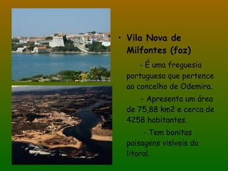 Vila Nova de Milfontes (foz) - É uma freguesia portuguesa que pertence ao concelho de Odemira. - Apresenta um área de 75,88 km2 e cerca de 4258 habitantes. - Tem bonitas paisagens visíveis do litoral. 