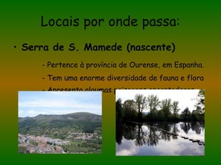 Locais por onde passa: Serra de S. Mamede (nascente) - Pertence à província de Ourense, em Espanha. - Tem uma enorme diversidade de fauna e flora - Apresenta algumas paisagens encantadoras. 