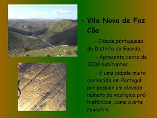 Vila Nova de Foz Côa - Cidade portuguesa do Distrito da Guarda. - Apresenta cerca de 3300 habitantes. - É uma cidade muito conhecida em Portugal por possuir um elevado número de vestígios pré-históricos, como a arte rupestre. 