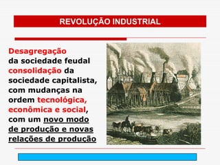 REVOLUÇÃO INDUSTRIAL


Desagregação
da sociedade feudal
consolidação da
sociedade capitalista,
com mudanças na
ordem tecnológica,
econômica e social,
com um novo modo
de produção e novas
relações de produção

                         arnaldolemos@uol.com.br
 