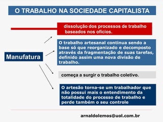 arnaldolemos@uol.com.br
O TRABALHO NA SOCIEDADE CAPITALISTA
dissolução dos processos de trabalho
baseados nos ofícios.
começa a surgir o trabalho coletivo.
Manufatura
O trabalho artesanal continua sendo a
base só que reorganizado e decomposto
através da fragmentação de suas tarefas,
definido assim uma nova divisão de
trabalho.
O artesão torna-se um trabalhador que
não possui mais o entendimento da
totalidade do processo de trabalho e
perde também o seu controle
 