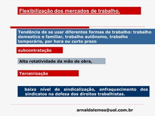 arnaldolemos@uol.com.br
Flexibilização dos mercados de trabalho.
Tendência de se usar diferentes formas de trabalho: trabalho
domestico e familiar, trabalho autônomo, trabalho
temporário, por hora ou curto prazo
subcontratação
Alta rotatividade da mão de obra,
baixo nível de sindicalização, enfraquecimento dos
sindicatos na defesa dos direitos trabalhistas.
Terceirização
 