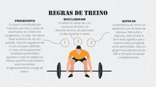 Regras de Treino
Repouso
Os benefícios do treino só
aparecem com as fases de
repouso. Não evite o
repouso, estar dorido é
bom sinal, significa que o
músculo está a progredir
como pretendido, mas um
grupo muscular precisa de
48h a 72h para recuperar
completamente.
Regularidade
O melhor é treinar de 2 a 3
vezes por semana, no
decorrer do ano, do que todos
os dias durante 2 meses
Progressivo
O corpo é constituído por
músculos, por isso o corpo só
desenvolve se o treino for
progressivo, ou seja, não basta
fazer exercício de vez em
quando, mas sim regularmente
e com um plano definido.
O corpo só irá apresentar
resultados pretendidos
quando o corpo se adapta ao
esforço que lhe é submetido e
assim aumentar
progressivamente a carga do
treino.
3
2
1
 