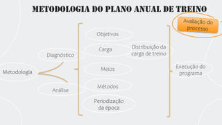 Metodologia
Metodologia do plano anual de treino
Diagnóstico
Análise
Objetivos
Carga
Meios
Métodos
Execução do
programa
Distribuição da
carga de treino
Periodização
da época
 