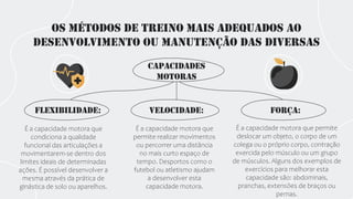 Os métodos de treino mais adequados ao
desenvolvimento ou manutenção das diversas
É a capacidade motora que
permite realizar movimentos
ou percorrer uma distância
no mais curto espaço de
tempo. Desportos como o
futebol ou atletismo ajudam
a desenvolver esta
capacidade motora.
É a capacidade motora que permite
deslocar um objeto, o corpo de um
colega ou o próprio corpo, contração
exercida pelo músculo ou um grupo
de músculos. Alguns dos exemplos de
exercícios para melhorar esta
capacidade são: abdominais,
pranchas, extensões de braços ou
pernas.
É a capacidade motora que
condiciona a qualidade
funcional das articulações a
movimentarem-se dentro dos
limites ideais de determinadas
ações. É possível desenvolver a
mesma através da prática de
ginástica de solo ou aparelhos.
Flexibilidade: Força:
Capacidades
Motoras
Velocidade:
 