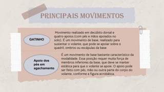 GATINHO
Apoio dos pés
em
agachamento
Movimento realizado em decúbito dorsal e
quatro apoios (com pés e mãos apoiados no
solo). É um movimento de base, realizado para
sustentar o volante, que pode se apoiar sobre o
quadril, ombros ou escápulas da base.
É um movimento de base bastante característico da
modalidade. Essa posição requer muita força de
membros inferiores da base, que deve se manter
estática para que o volante se apoie. O apoio pode
ser feito com pés, mão ou outra parte do corpo do
volante, conforme a figura acrobática.
PRINCIPAIS MOVIMENTOS
GATINHO
Apoio dos
pés em
agachamento
 